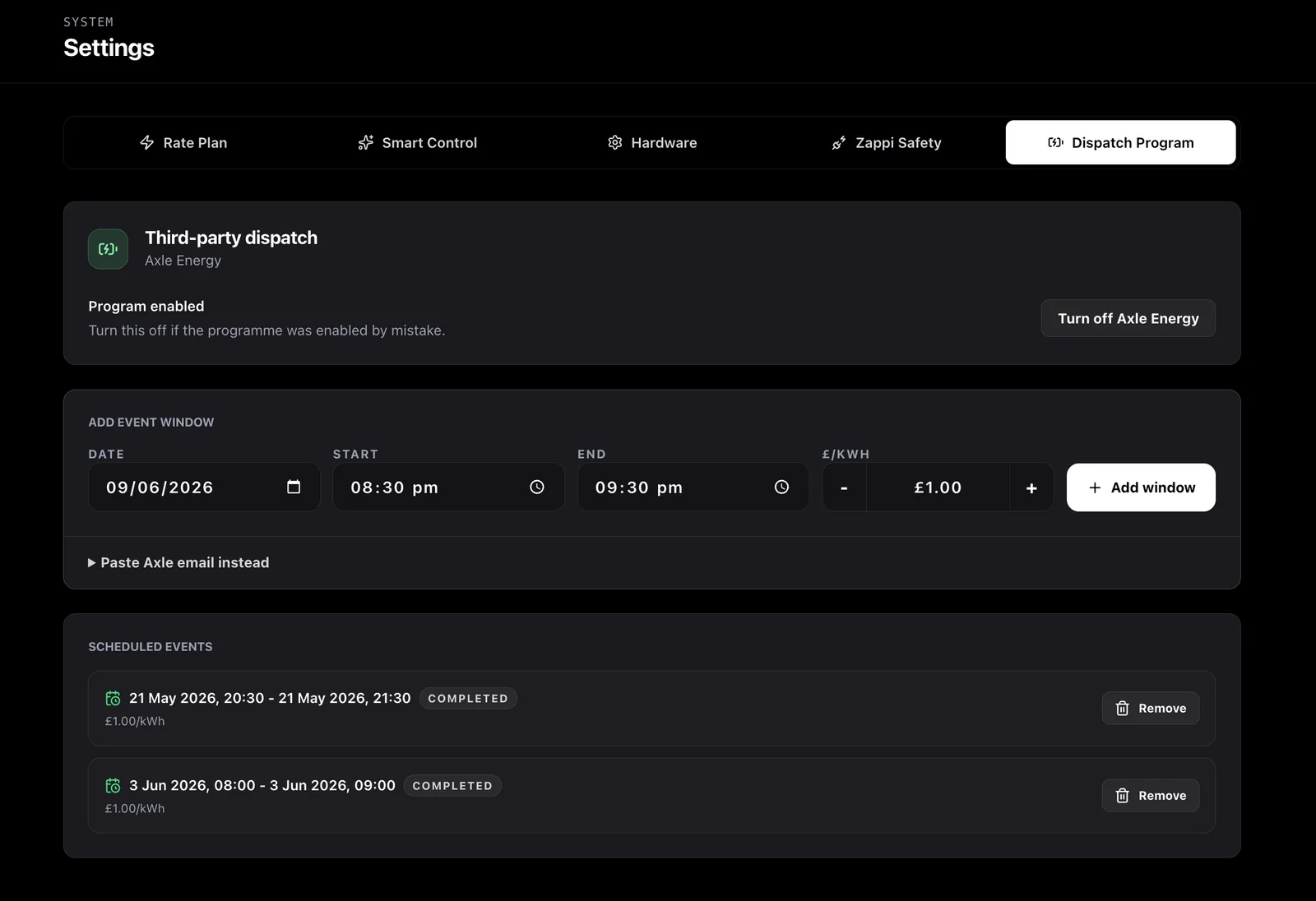 1app.energy Dispatch Program settings for Axle Energy showing event-window entry, email paste support and scheduled Axle events